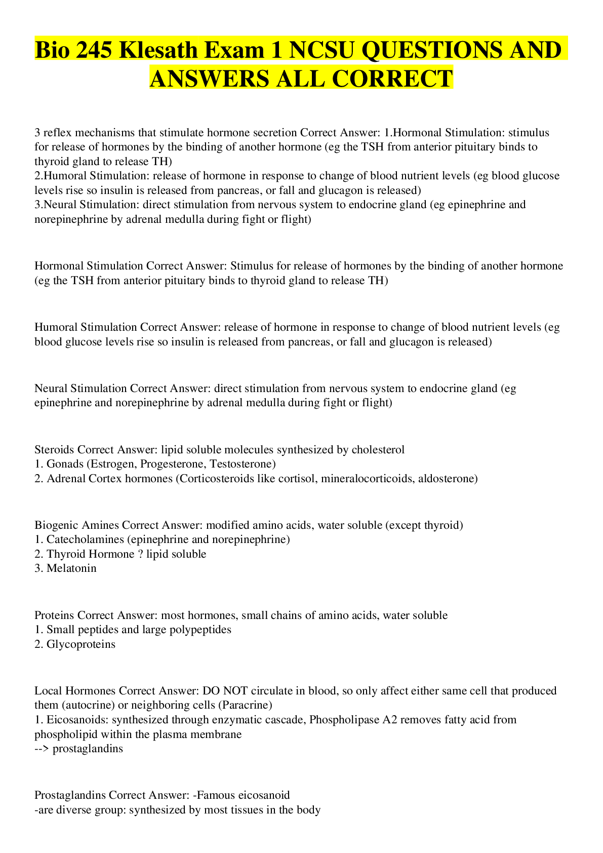 Preview image for Bio 245 Klesath Exam 1 NCSU QUESTIONS AND ANSWERS ALL CORRECT